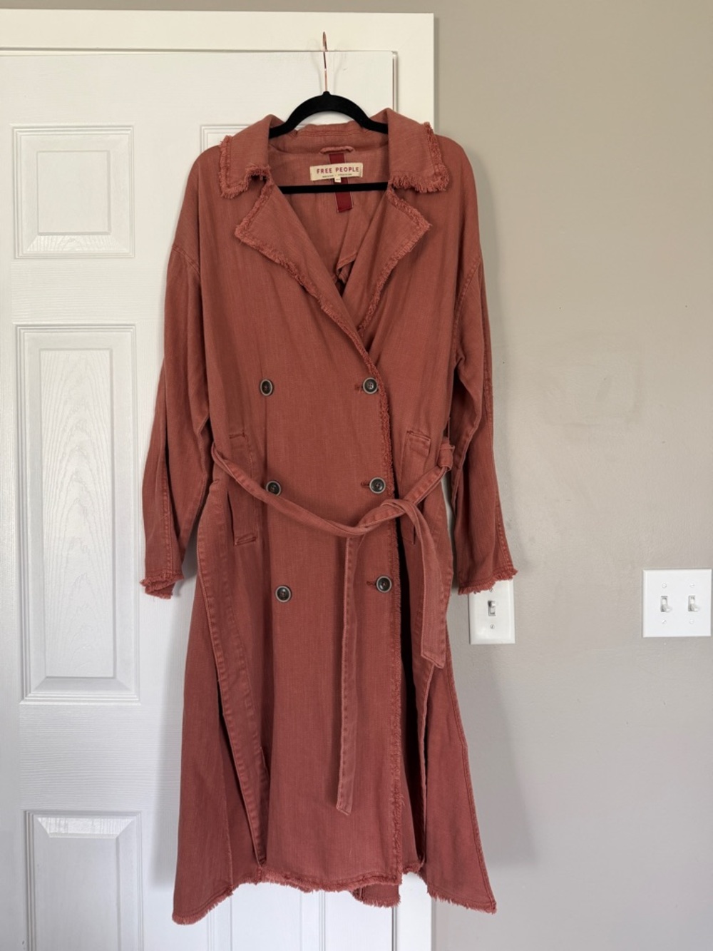 Free People Dusty Rose Long Coat Jacket Belted Double Breasted Trench Coat - Picture 9 of 11